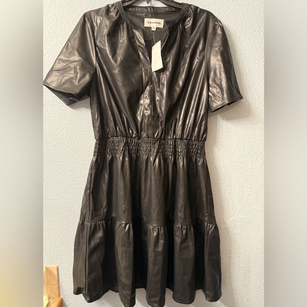 Vigoss Split Neck Short Sleeve Faux Leather dress